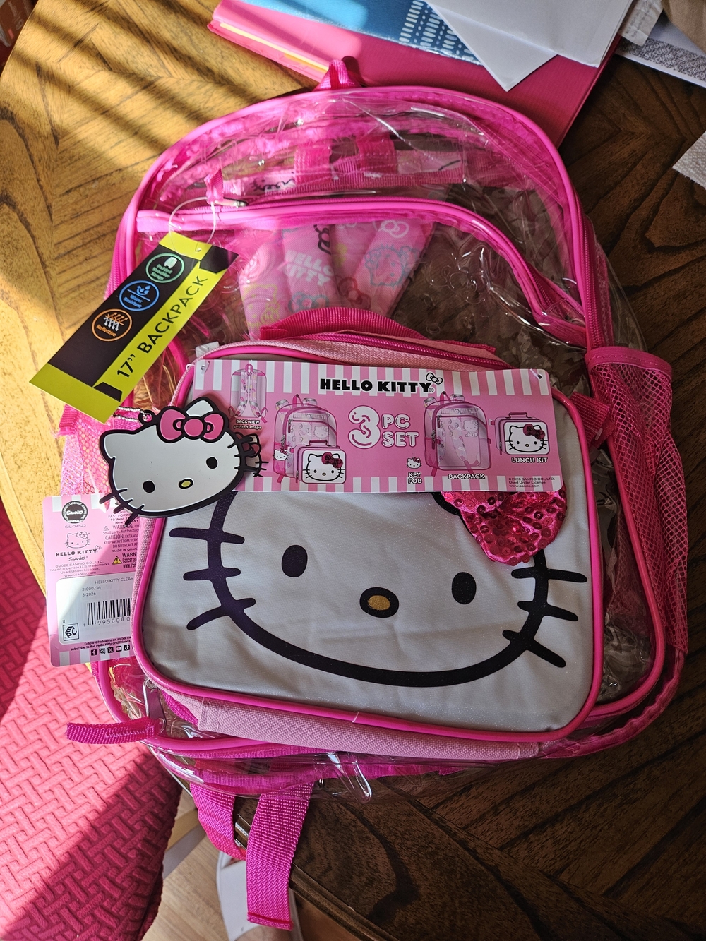 Hello Kitty Pink Clear 3-Piece Backpack Set
